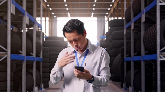 Asian Male Professional Worker Standing With His Smartphone at Tire Warehouse Interior with Industrial Shelving Racks, He Is Nodding His Head With Dissapionted
