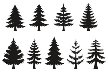 Fototapeta premium Forest trees set. Isolated vector silhouette. Coniferous forest. Christmas tree, fir-tree, pine, pine-tree, Scotch fir, cedar silhouette vector illustration