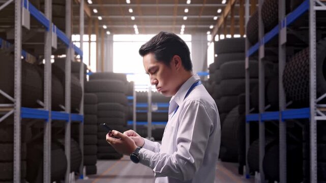 Side View Of An Asian Male Professional Worker Standing With His Smartphone at Tire Warehouse Interior with Industrial Shelving Racks, Checking With Dissapionted And Nodding His Head 