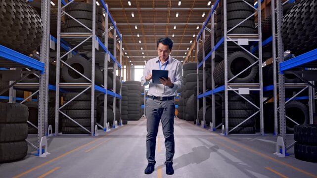 Full Body Side View Of An Asian Male Professional Worker Standing With His Tablet at Tire Warehouse Interior with Industrial Shelving Racks, Typing On His Tablet'S Keybaord With Meditation