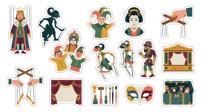 Flat Vector Illustration Set of Global Puppetry, Theatrical Masks, and Stage Elements for Performing Arts