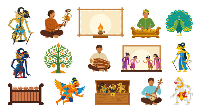 Indonesian Traditional Culture Vector Art Set: Wayang Puppets, Gamelan Music, Dance  Instruments Icons