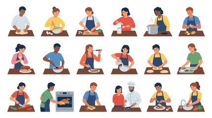 Fototapeta premium Flat Illustration of Diverse People Cooking and Baking Various Foods