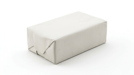 Fototapeta premium A clean, white-wrapped rectangular block of butter. Isolated on white, it signifies a fundamental culinary ingredient for food projects