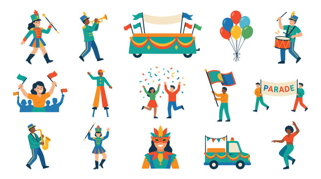 Flat Style Parade Vector Icons: Marchers, Floats, Music, and Celebration