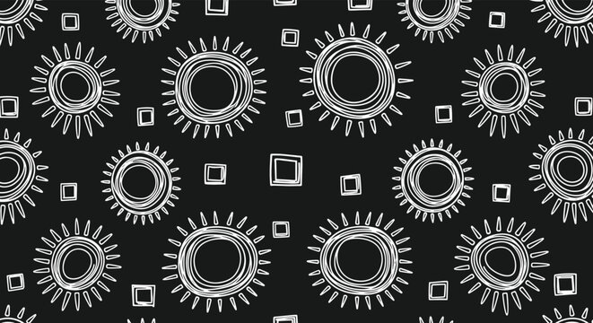 Abstract pattern featuring hand-drawn white sun motifs and small squares scattered across a dark black background.