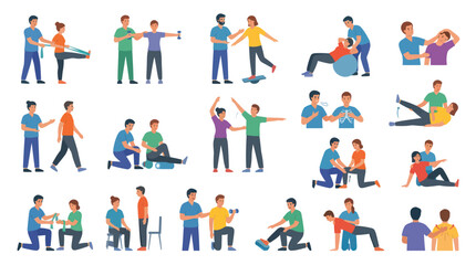 Fototapeta premium Flat Design Physiotherapy and Rehabilitation Vector Set: Therapists and Patients Doing Exercises