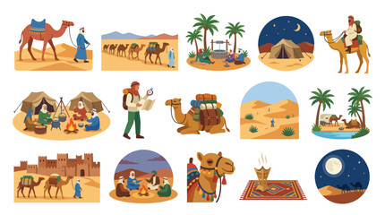 Fototapeta premium Desert Caravan Camel Bedouin Nomad Journey Travel Flat Illustration
