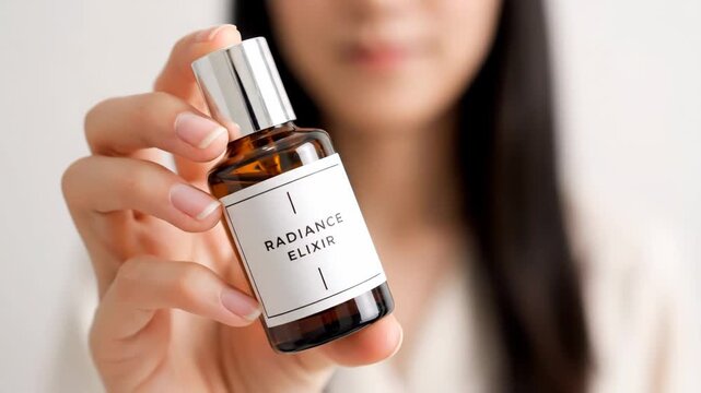Woman's hands holding a 'Radiance Elixir' skincare serum bottle