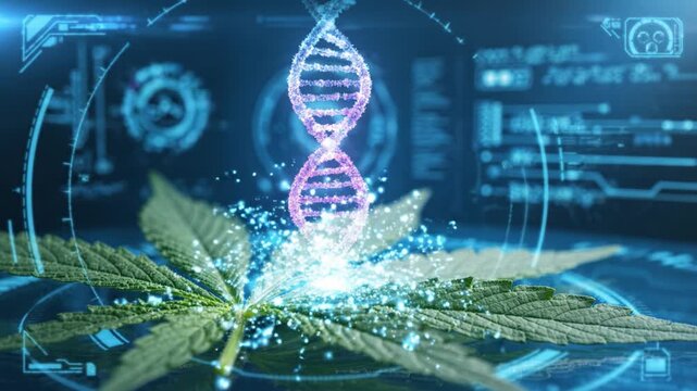 Futuristic biotechnology digital interface analyzing genetic DNA strand cannabis leaf molecular biology research laboratory healthcare innovation data science medical plant close up hologram