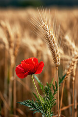 Obraz premium : Red Poppy Flower with Wheat Ears in Golden Field. AI generative.