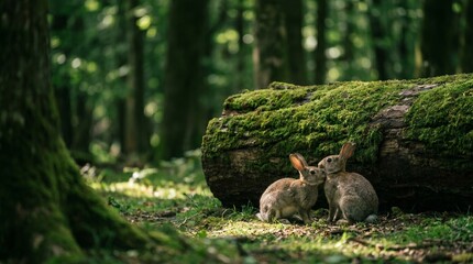 Fototapeta premium Two wild rabbits interacting next to a mossy fallen log in a dense green forest
