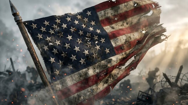 Tattered American flag waving on a smoky battle field with soldier silhouettes.