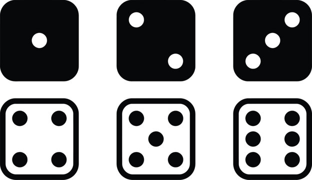 Set of black and white dice icons showing numbers from one to six in two rows