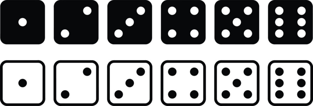 Black and white dice icons set displaying numbers from one to six in a flat design style.