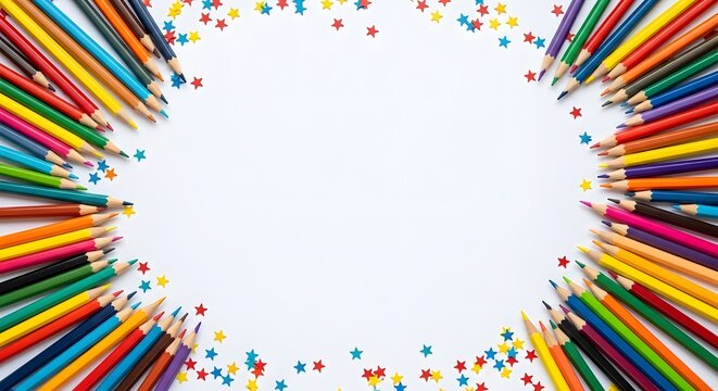 Arrangement of colorful pencils in a circle with star confetti on white background for Happy Teachers Day frame border design Teacher's Day