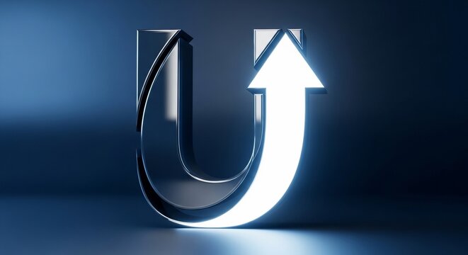 光るU字と成長する矢印の3Dレンダリング