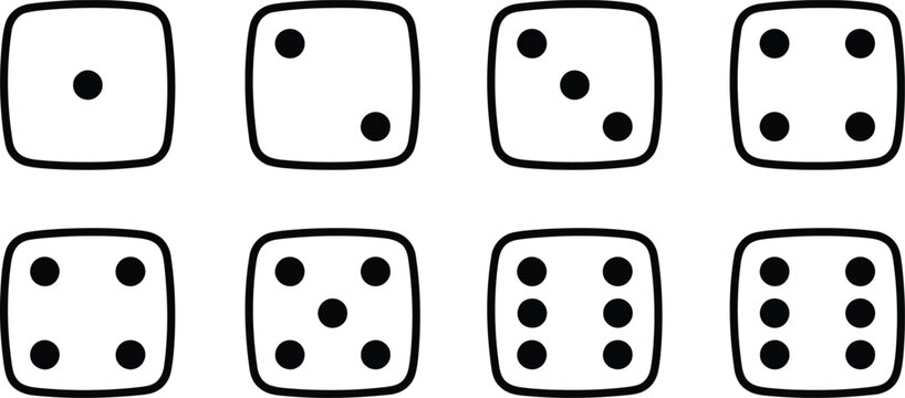 A simple black and white illustration of eight dice faces showing values from one to six.