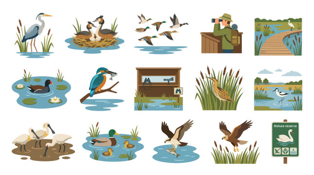 Nature and Wildlife Flat Vector Illustration Set of Wetland Birds, Birdwatching, and Reserve Scenes