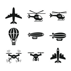 Various Aircraft Silhouettes Including Airplanes, Helicopters, and Drones on White Background © Rashedul Haque Sakib