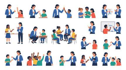 Fototapeta premium Flat Vector Illustrations of Teacher and Students in Classroom, Education and Learning Activities