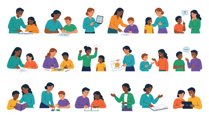 Fototapeta premium Flat Vector Illustration Set: Diverse Adults Teaching Children in Various Education Learning Scenarios