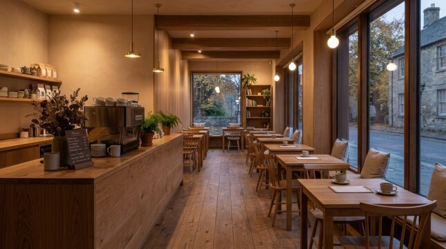 Modern Minimalist Caf&eacute; Interior with Warm Wooden Textures and Soft Natural Lighting