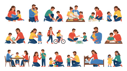 Fototapeta premium Happy Family Activities Flat Vector Illustrations - Parents and Kids