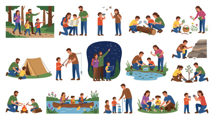 Naklejka premium Family Outdoor Activities: Camping, Hiking, Fishing, Nature Study, Planting Trees