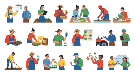 Fototapeta premium Modern Agriculture Flat Vector Illustration Set: Farmers, Agronomists, and Agricultural Tasks Collection
