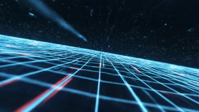 Glowing blue perspective grid in dark digital space background
