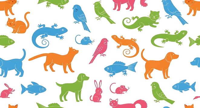 A colorful pattern of various animal silhouettes on a white background
