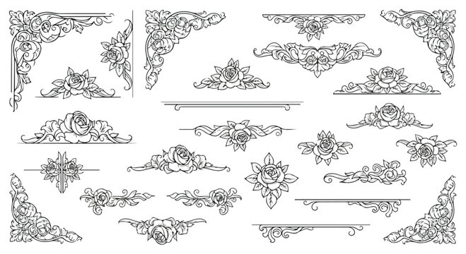 Vintage floral ornaments collection, elegant rose dividers and corner borders, black line art decorative flourishes, 20 vector design elements