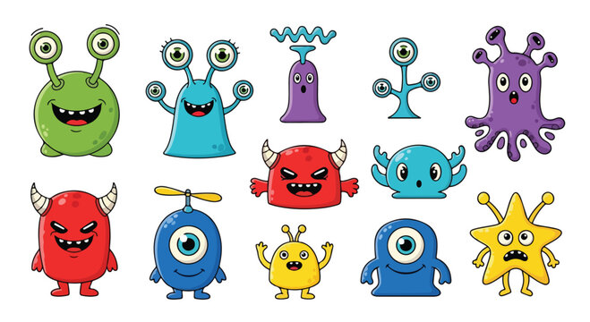 Cute cartoon monster set with 12 colorful alien characters, friendly little space creatures collection, funny doodle monsters for children design