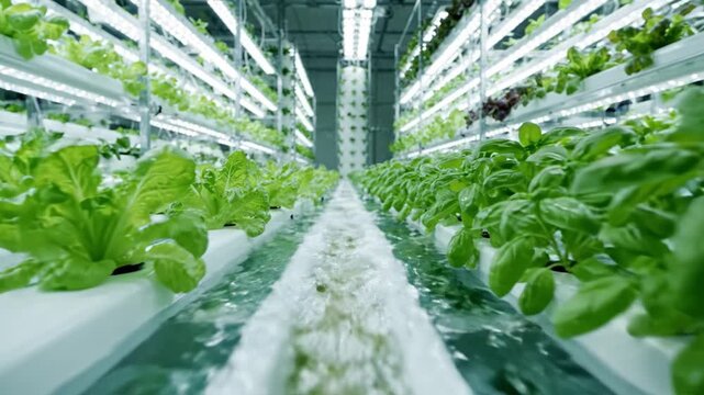 Hydroponic indoor farm showcasing rows of green leafy vegetables growing bright LED lights with water circulation controlled environment for sustainable agriculture technology and fresh vegetable
