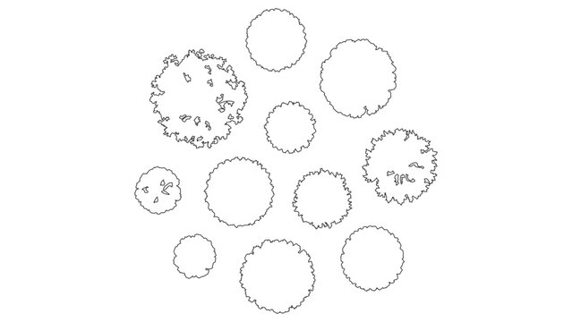 Detailed crown outlines of various species for architectural tree top view plan creation.