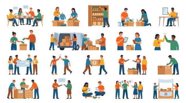 Flat Style Vector of Volunteers Helping with Donations and Charity Work
