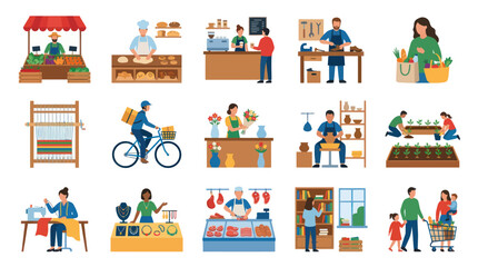 Naklejka premium Flat Style Illustration of Diverse Small Businesses and Occupations