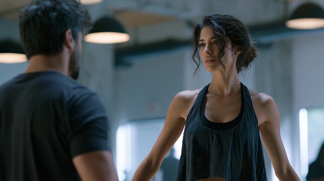 Contemporary rehearsal partners practicing contemporary dance in industrial studio with dramatic