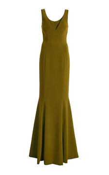 Elegant sleeveless olive green floorlength mermaid dress with a plunging neckline and fishtail hem transparent background