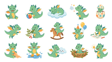 Obraz premium Cute Baby Dragons Flat Cartoon Vector Illustration Set for Kids. Fantasy Creatures and Childhood Themes.