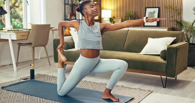 Stretching, fitness and black woman in home living room with tablet for online tutorial, exercise and blog. African person, tech and lounge for yoga, wellness and health for self care in house