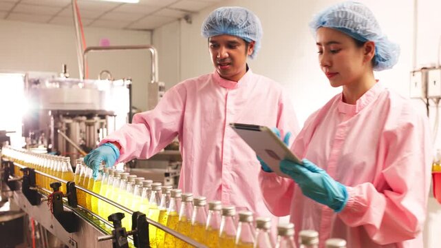 Food factory workers in protective clothing inspecting bottled beverages on production line, recording data for quality control and safety compliance