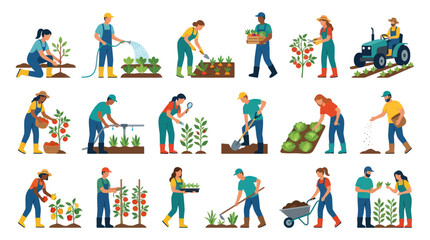 Fototapeta premium Farmers Working in Garden, Planting and Harvesting Vegetables, Flat Design