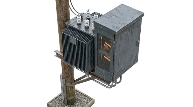3d render of an electrical transformer mounted on a wooden utility pole isolated on white background