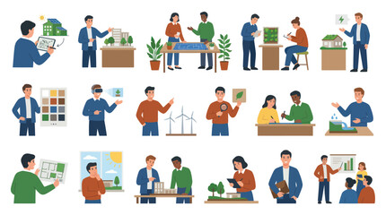 Fototapeta premium Flat Design People Discussing Green Energy Solutions and Architecture