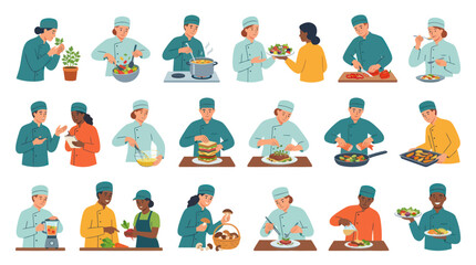 Fototapeta premium Culinary Industry: Professional Chefs and Cooks Preparing Food - Flat Vector Illustration Set