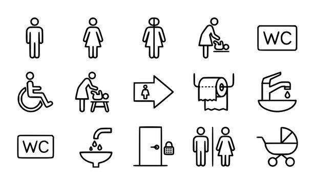 Restroom outline icons set with universal WC gender symbols and accessible toilet line graphics for mobile apps and website UI