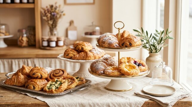 Assortment of freshly baked pastries and croissants displayed on a table