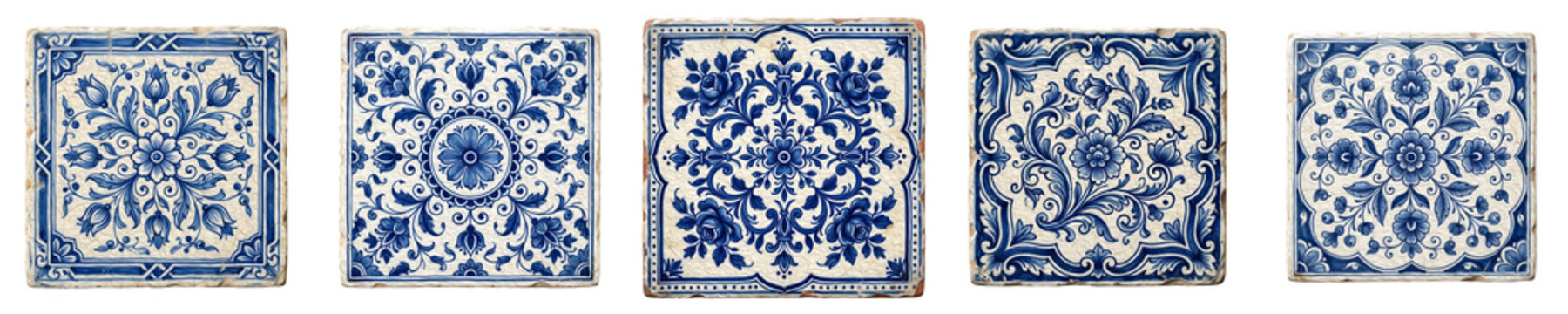 A collection of five high-quality PNG images featuring ornate, vintage blue and white Portuguese azulejo ceramic tiles with intricate floral and geometric patterns.